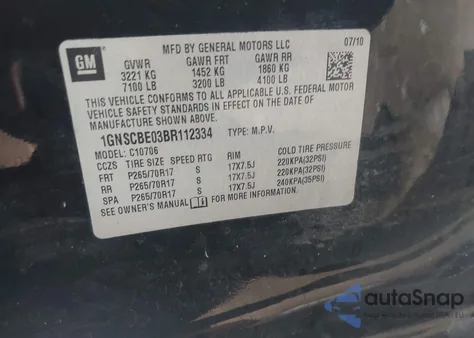 2011 Chevrolet Tahoe Lt из США, поврежденный, VIN 1GNSCBE03BR112334